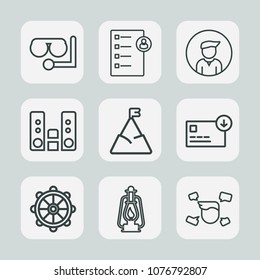 Premium set of outline icons. Such as sport, interview, sea, wheel, lamp, music, bag, blue, man, lantern, nature, play, sack, player, audio, metal, rudder, money, nautical, vintage, young, human, ship