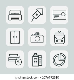 Premium set of outline icons. Such as old, furniture, music, fire, double, hotel, celebrate, interior, bed, presentation, bag, cash, object, cassette, celebration, year, pie, event, tape, holiday