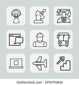 Premium Set Of Outline Icons. Such As Airplane, Road, Hot, Basket, Old, Solar, Vintage, Satellite, Bus, Construction, Chat, Transport, Website, Upstairs, Worker, Telephone, Fun, Transportation, Sky