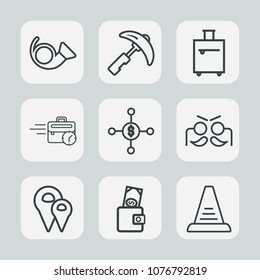 Premium set of outline icons. Such as music, bugle, travel, construction, office, musical, sound, machinery, heavy, bag, late, concept, computer, ladder, holiday, crane, instrument, up, equipment, pin
