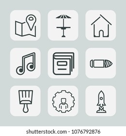 Premium set of outline icons. Such as architecture, music, wooden, cafe, pin, space, building, table, note, estate, book, counter, map, musical, light, restaurant, library, travel, sound, bullet, gps