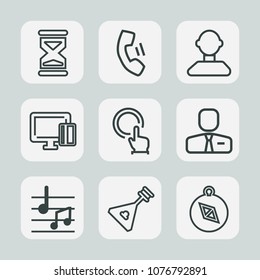 Premium set of outline icons. Such as communication, time, sound, hand, employee, card, note, direction, north, compass, click, east, phone, payment, instrument, credit, string, shopping, clock, sand