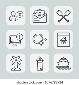Premium set of outline icons. Such as envelope, internet, application, monitor, nature, social, water, oar, star, profile, summer, subscribe, famous, moon, sea, boat, sky, property, canoe, technology