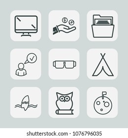 Premium set of outline icons. Such as office, astronaut, blank, owl, electronic, computer, fashion, coin, moon, sun, digital, display, bird, white, complete, business, screen, space, tent, surf, cash
