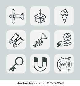 Premium set of outline icons. Such as investment, pole, jazz, flight, door, watch, white, unpacking, technology, sign, security, business, key, glasses, bugle, tv, cardboard, plane, sweet, new, box