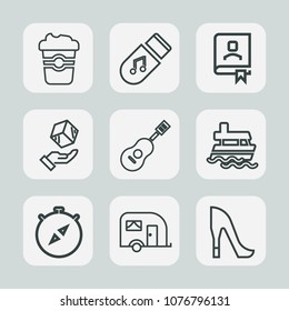 Premium set of outline icons. Such as sound, concert, shipping, fashion, data, shoe, package, style, cappuccino, office, storage, ocean, cargo, musical, sea, beverage, mug, delivery, music, box, van