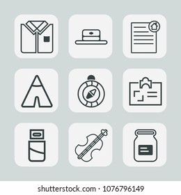 Premium set of outline icons. Such as id, aluminum, real, tshirt, direction, clothing, north, sound, short, estate, musical, adventure, metal, identity, cable, travel, computer, camp, fashion, object