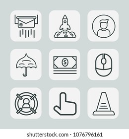 Premium set of outline icons. Such as paper, up, mail, shuttle, pointer, business, exploration, social, money, letter, rain, male, profile, target, rocket, post, computer, umbrella, envelope, concept