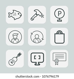 Premium set of outline icons. Such as laptop, concert, boy, white, man, musical, bag, fishing, guitar, fish, internet, animal, construction, refresh, computer, pc, quality, fresh, shovel, screwdriver