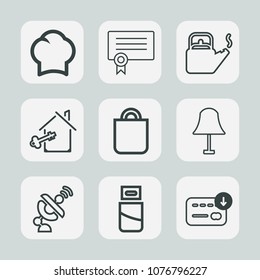 Premium set of outline icons. Such as satellite, sack, electricity, certificate, property, technology, food, finance, computer, uniform, chief, cable, professional, house, present, man, success, cook