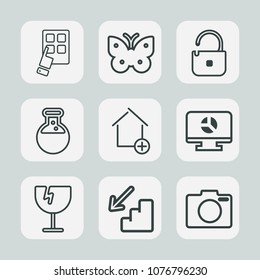 Premium set of outline icons. Such as internet, window, fly, new, technology, house, photo, security, destruction, home, template, device, property, communication, crash, insect, glass, lens, digital