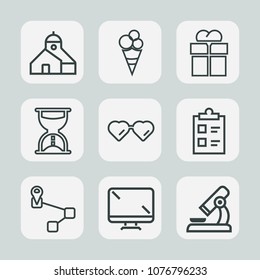Premium set of outline icons. Such as timer, research, business, display, hour, building, giftbox, science, architecture, box, technology, sunglasses, present, gift, digital, sweet, equipment, white