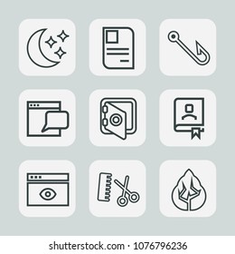 Premium set of outline icons. Such as astronomy, hook, card, browser, professional, tree, forest, internet, banking, window, security, bank, night, computer, hair, chat, book, identification, document