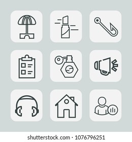 Premium set of outline icons. Such as perfume, estate, pump, internet, status, object, holiday, parasol, lipstick, mark, online, profile, vacation, house, home, fish, loudspeaker, pink, music, speaker