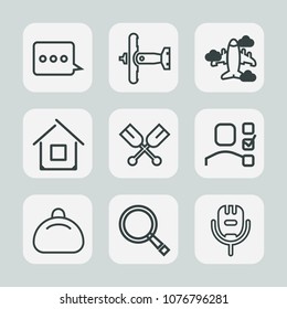 Premium set of outline icons. Such as sign, architecture, message, oar, voice, leather, airplane, fly, business, home, military, paddle, task, song, boat, bag, real, plan, water, flight, personal, web