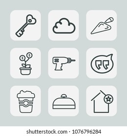 Premium set of outline icons. Such as shovel, cup, door, suitcase, hammer, screwdriver, work, trip, unlock, cafe, message, business, mug, bubble, drink, safe, drill, cloud, growth, money, sign, lock