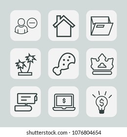 Premium set of outline icons. Such as communication, office, nature, smartphone, avatar, home, fast, video, folder, record, telephone, camera, phone, cell, web,  notebook, screen, crown, food, palm