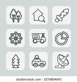 Premium set of outline icons. Such as online, business, presentation, dump, graph, truck, plant, medieval, nautical, sword, dish, satellite, rudder, luggage, tree, wood, house, bag, knight, pie, blade