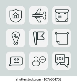 Premium set of outline icons. Such as transport, map, home, flag, account, sign, user, protection, professional, help, fly, pretty, safety, smile, care, phone, location, america, sos, face, chat, note