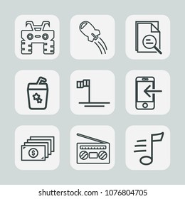 Premium set of outline icons. Such as technology, transfer, atv, radio, outdoor, mobile, road, transportation, summer, musical, spaceship, blue, mexico, ship, finance, tool, space, ocean, sound, zoom