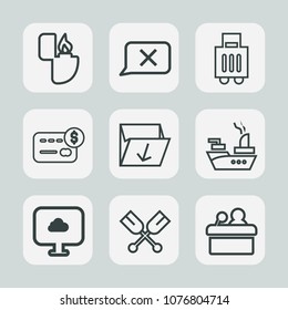 Premium set of outline icons. Such as web, cloud, paddle, meeting, white, water, chat, conference, card, credit, lighter, sign, money, waste, trash, closed, flame, speaker, boat, baggage, oar, bag
