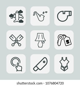Premium set of outline icons. Such as food, water, oar, sign, meat, woman, trumpet, plane, fashion, door, knife, travel, boat, flight, aircraft, air, bugle, finger, kitchen, hand, security, bulb, fly