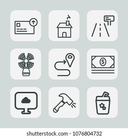 Premium set of outline icons. Such as sea, highway, summer, cocktail, shovel, road, drink, cash, white, route, coin, money, juice, house, map, sign, currency, traffic, modern, construction, seamark
