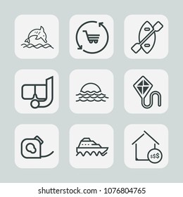 Premium set of outline icons. Such as summer, paddle, nature, water, oar, snorkel, ship, sport, business, kite, sunrise, marine, shop, trolley, real, mask, blue, wild, store, market, landscape, sky