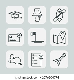 Premium set of outline icons. Such as musical, web, paddle, water, human, mexico, baja, map, college, cap, education, beach, table, sack, school, graduation, location, student, celebration, lamp, bag