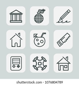 Premium set of outline icons. Such as greece, construction, home, arrow, sky, aerial, hand, school, glass, button, saw, drone, explosion, estate, danger, education, pen, juice, cloud, hammer, pencil