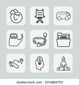 Premium set of outline icons. Such as map, meteorology, armchair, idea, summer, travel, left, destination, mask, kitchen, direction, kettle, measurement, move, hot, concept, weather, folder, blank