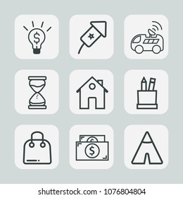 Premium set of outline icons. Such as currency, event, house, technology, cash, celebration, sand, real, adventure, sale, stationery, hourglass, car, paper, background, businessman, hour, concept, buy