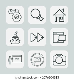 Premium set of outline icons. Such as sound, container, liquid, player, camera, rewind, button, play, find, music, forward, audio, construction, film, forbidden, website, magnifying, go, pump, perfume