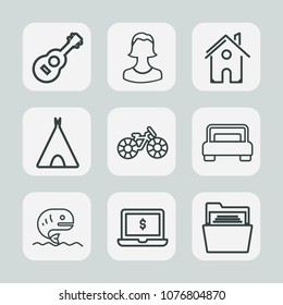 Premium set of outline icons. Such as wheel, building, social, white, transportation, guitar, folder, blank, concert, outdoor, musical, technology, fish, music, rock, food, estate, double, house, bed