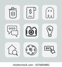 Premium set of outline icons. Such as casino, buy, bubble, real, horror, map, sale, estate, camera, game, garbage, web, night, ghost, photo, recycle, photography, mobile, white, logo, sign, gambling