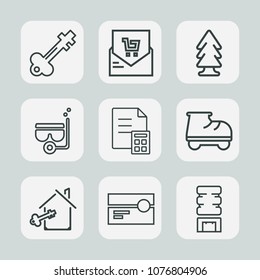 Premium set of outline icons. Such as nature, mask, stereo, shop, bill, key, water, lock, white, tree, snorkel, finance, cassette, check, container, money, cold, metal, security, leisure, banking, old