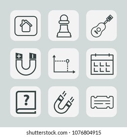 Premium set of outline icons. Such as timetable, pen, home, sound, game, instrument, sign, pole, graphic, estate, entertainment, chessboard, modern, building, chess, property, day, piece, paper, house