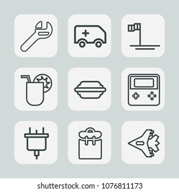 Premium set of outline icons. Such as spanner, cocktail, button, industry, repair, technology, mexico, hamburger, maintenance, tool, service, beach, food, plug, blue, drink, jetliner, equipment, ocean