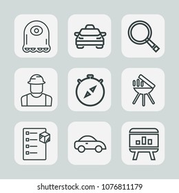 Premium set of outline icons. Such as barbecue, checklist, sign, character, traffic, cab, cartoon, direction, north, find, magnifying, engineer, transport, alien, creature, compass, glass, chart, eye