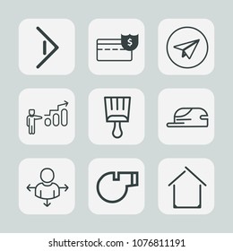 Premium set of outline icons. Such as referee, sport, button, growth, banking, paint, bank, paintbrush, personal, right, arrow, home, sign, business, currency, internet, email, brush, fashion, hat