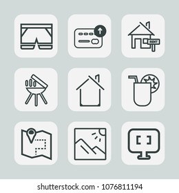 Premium set of outline icons. Such as glass, mortgage, barbecue, cooking, juice, short, laptop, building, estate, map, finance, meat, wear, property, photography, money, business, drink, computer, bbq