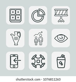 Premium set of outline icons. Such as musical, jug, presentation, aerial, drink, human, body, safe, technology, pottery, business, sign, graphic, bank, decoration, mobile, banking, diagram, growth