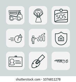 Premium set of outline icons. Such as sign, progress, name, construction, lorry, night, travel, identity, sky, balloon, document, property, transport, strike, heavy, air, business, cargo, success, fun