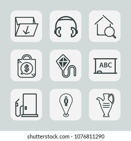 Premium set of outline icons. Such as real, pottery, kite, recycle, chalkboard, estate, tag, blackboard, gas, map, fun, equipment, location, trash, rubbish, sale, waste, gasoline, audio, garbage, pin