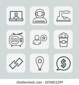 Premium set of outline icons. Such as travel, online, drink, woman, people, pin, frame, young, web, price, coffee, internet, housework, circle, television, profile, space, science, cosmos, label, call