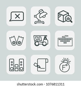 Premium set of outline icons. Such as sea, truck, sign, tipper, document, temperature, music, finance, technology, chat, dump, laptop, report, home, flipper, player, thermometer, statistic, decoration