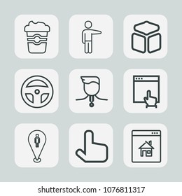 Premium set of outline icons. Such as technology, click, mouse, cube, caffeine, property, cup, laboratory, drink, equipment, coffee, web, internet, estate, pointer, house, young, real, female, person