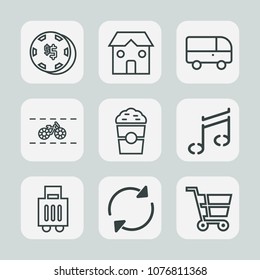Premium set of outline icons. Such as industry, bicycle, speed, equipment, wheel, business, reload, bag, cup, leisure, street, note, cart, bus, luggage, retail, transport, transportation, bike, coffee