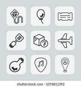 Premium set of outline icons. Such as equipment, plane, coupon, utensil, aircraft, party, white, sky, summer, happy, musical, holiday, weight, travel, medicine, event, location, kite, airplane, kid