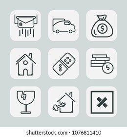 Premium set of outline icons. Such as van, money, road, crash, right, key, communication, estate, white, envelope, post, game, paper, mail, vehicle, row, window, investment, domino, correspondence